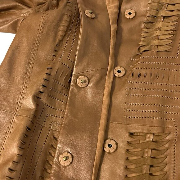 Elie Tahari Leather Jacket Cecilia Brown Size XS Lattice Cut Designer Boho Chic - Picture 7 of 15